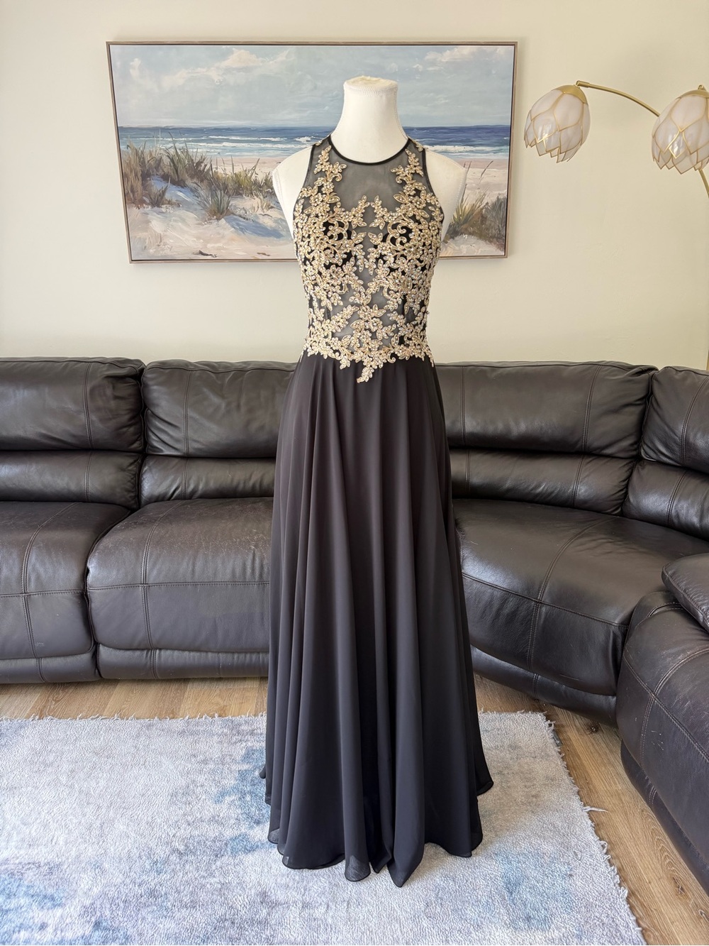 Dancing Queen Made in USA Black Gold Beaded Formal Prom Gala Gown Dress Size S